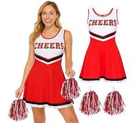 Redstar Fancy Dress Abito da cheerleader con pompon - Divisa femminile per feste in maschera - Outfit sportivo stile cheerleader per eventi, cosplay o Halloween