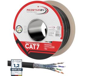 RedStar24 CAT 7 Cavo di rete esterno 100m - Cavo Ethernet CAT7 Schermato - Cavo dati LAN Gigabit S/FTP, PIMF, PoE, 10Gbit/s, Senza alogenuri, Uso per interramento - 100 metri bobina