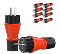 RedStar24 Spina Schuko da 230 V, IP54, set da 10 pezzi, robusta spina con contatto di protezione in gomma e plastica, nero e rosso, design ermetico, perfetta per esterni, spina di alimentazione a 3