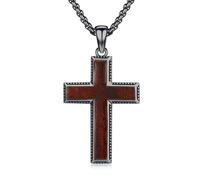 REDSUN Collana a croce in legno S925, grande ciondolo a forma di croce in ebano con amuleto protettivo, gioiello per uomini e donne, 22 + 2 pollici, 37*26.5mm, Argento sterling, Ebano