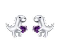 REDSUN Orecchini a forma di dinosauro in argento Sterling 925 con cuore di colore viola scuro, orecchini ipoallergenici per ragazze - Dino gioielli regalo per San Valentino compleanno