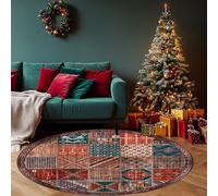 REDTAPISE Round Rugs Washable Multicoloured 180 cm, Indoor Rug Living Room Bedroom Lounge Colourful Vintage Printed Pattern Red Green Carpets Floor Mat for Christmas Decorations