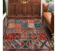 REDTAPISE Washable Rugs Multicoloured Square 160 x 160 cm, Indoor Decorations Red Green Rug Living Room Bedroom Home Office Lounge Floor Mat Vintage Printed Carpet Decor Aesthetic
