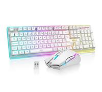 RedThunder K10,Set tastiera e mouse wireless QWERTZ DE-Layout LED, capacità della batteria 3000 mA, tastiera wireless e mouse da gioco wireless da 3200 DPI per gamer (bianco)