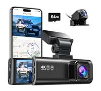 REDTIGER Dash Cam anteriore e posteriore, 4K+1080P per auto con scheda da 64 GB, doppia videocamera da cruscotto WiFi GPS, schermo LCD da 3,18", registrazione in loop,due modalità di parcheggio