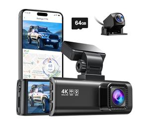 REDTIGER Dash Cam anteriore e posteriore, 4K+1080P per auto con scheda da 64 GB, doppia videocamera da cruscotto WiFi GPS, schermo LCD da 3,18", registrazione in loop,due modalità di parcheggio