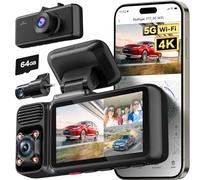 REDTIGER Dash Cam Auto, 4K+1080P+1080P Tripla Telecamera auto 5G WiFi GPS con Scheda da 64GB,Interno Anteriore e Posteriore,Dashcam 3" con Schermo, Visione Notturna, 24H Monitor di Parcheggio,WDR