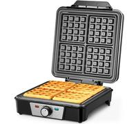 Reemix Piastra per Waffle per 4 Cialde Belghe, 1200 W Cialda Elettrico con Piastre Antiaderenti, Piastra Waffle Anti-versamento, Indicatori luminosi, Acciaio inossidabile