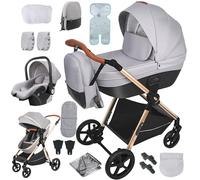 Reenborn Passeggino 4 in 1, Passeggino Trio con Due Modi Reversibili Spingere, Trio con Telaio Alluminio Paesaggistico Alto, Trio Passeggino Neonati con Design Pieghevole in Un Clic (H2 Light Grey)