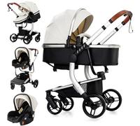 Reenborn Pelle PU Passeggino Trio, Passeggino 3 in 1 con Due Modi Reversibili Spingere, Trio con Telaio Alluminio Paesaggistico Alto, Trio Passeggino Neonati Design Pieghevole in Un Clic (518 White)