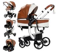 Reenborn Pelle PU Passeggino Trio, Passeggino 3 in 1 con Due Modi Reversibili Spingere, Trio con Telaio Alluminio Paesaggistico Alto, Trio Passeggino Neonati Design Pieghevole in Un Clic (518 Khaki)