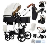 Reenborn Pelle PU Passeggino Trio, Passeggino 3 in 1 con Due Modi Reversibili Spingere, Trio Neonati con Design Pieghevole in Un Clic, Telaio Alluminio Paesaggistico Alto (B518 White)