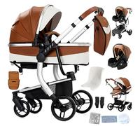 Reenborn Pelle PU Passeggino Trio, Passeggino 3 in 1 con Due Modi Reversibili Spingere, Trio Neonati con Design Pieghevole in Un Clic, Telaio Alluminio Paesaggistico Alto (B518 Khaki)