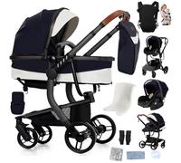 Reenborn Pelle PU Passeggino Trio, Passeggino 3 in 1 con Due Modi Reversibili Spingere, Trio Neonati con Design Pieghevole in Un Clic, Telaio Alluminio Paesaggistico Alto (L518 Black Blue)