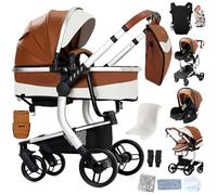 Reenborn Pelle PU Passeggino Trio, Passeggino 3 in 1 con Due Modi Reversibili Spingere, Trio Neonati con Design Pieghevole in Un Clic, Telaio Alluminio Paesaggistico Alto (L518 Khaki)