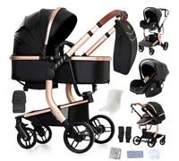 Reenborn Pelle PU Passeggino Trio, Passeggino 3 in 1 con Due Modi Reversibili Spingere, Trio Neonati con Design Pieghevole in Un Clic, Telaio Alluminio Paesaggistico Alto (B518 Black)