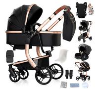 Reenborn Pelle PU Passeggino Trio, Passeggino 3 in 1 con Due Modi Reversibili Spingere, Trio Neonati con Design Pieghevole in Un Clic, Telaio Alluminio Paesaggistico Alto (L518 Black)