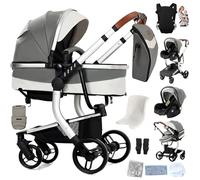 Reenborn Pelle PU Passeggino Trio, Passeggino 3 in 1 con Due Modi Reversibili Spingere, Trio Neonati con Design Pieghevole in Un Clic, Telaio Alluminio Paesaggistico Alto (L518 Grey)