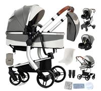 Reenborn Pelle PU Passeggino Trio, Passeggino 3 in 1 con Due Modi Reversibili Spingere, Trio Neonati con Design Pieghevole in Un Clic, Telaio Alluminio Paesaggistico Alto (B518 Grey)
