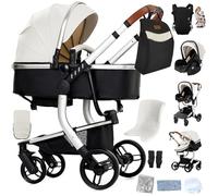 Reenborn Pelle PU Passeggino Trio, Passeggino 3 in 1 con Due Modi Reversibili Spingere, Trio Neonati con Design Pieghevole in Un Clic, Telaio Alluminio Paesaggistico Alto (L518 White)