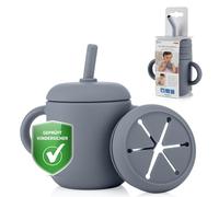 Reer Tazza 2 in 1 per neonati e bambini piccoli | Pratico compagno per viaggiare | a prova di perdite | Snack Cup | Bicchiere | Grigio-blu