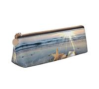 ReesEt Stella marina conchiglia Sunny Beach stampata, Astuccio per matite Astuccio per penne triangolare Astuccio per matite in pelle portatile con custodia per cosmetici con cerniera