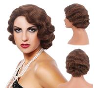 REEWES Parrucca corta 1920 con onde delle dita - parrucca sintetica riccia da donna - Vintage Flapper parrucca per cosplay e costume (marrone frassino)
