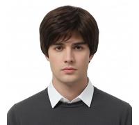 REEWES Parrucca corta da uomo parrucca da uomo riccia con frangia parrucca sintetica naturale per uomini quotidiani feste costume cosplay usura (marrone scuro)