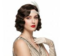 REEWES Parrucca lunga marrone 1920 parrucca ondulata delle dita parrucca corta riccia vintage per donna parrucche sintetiche resistenti al calore parrucche piene per cosplay travestimento