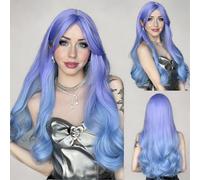 REEWES Parrucca lunga ondulata blu e viola gradiente per donne e ragazze, capelli lunghi ricci pieni ondulati resistenti al calore, per cosplay e carnevale