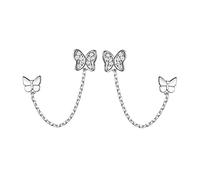 Reffeer Solid 925 Sterling Silver Double Holes CZ Butterfly Chain Stud Earrings Two Butterfly Cuff Climber Earrings for Women Earrings