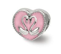 Reflection Beads Argento Sterling Placcata Oro Rosa Smaltato Cz Cigni Cuore Bead