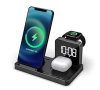 Reflexion Caricabatterie wireless 4 in 1 con orologio e sveglia, stazione di ricarica wireless per smartphone, Apple Watch e cuffie, ricarica rapida da 15 W, doppia funzione sveglia, connessione USB-C