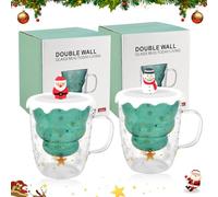 REFORUNG 2 Pz Tazza da Caffè a Forma di Albero Natale Tazze di Bicchieri a Doppia Parete Tazza di Vetro Trasparente da 300ml con Coperchio e Maniglia per Caffè, Latte