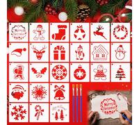REFORUNG 24 Pz Stencil Natalizi Fai Da Te Modello di Pittura con Disegno in Plastica Motivi Natalizi Stencil in Plastica Disegno per Stencil Natale con 3 Spazzole per DIY, Decorazione Natalizia