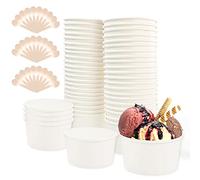 REFORUNG 50 Pz Coppette Gelato Carta Coppette per Gelato in Cartone Coppette Dessert da 8 OZ Bicchiere di Carta Gelato con 50 Pz Cucchiai di Legno per Torte, Gelati, Dessert, Dolci (Bianco)