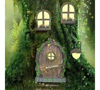 REFORUNG Porte e Finestre in Miniatura Porte da Giardino Fatato Porta delle Fate e Finestre per Alberi Albero Resina Fata Finestra con Mini Lampione Stradale per Decorare il Mondo delle Fiabe