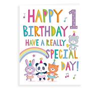Regal Cards Biglietto di auguri per 1° compleanno, motivo: orso panda coniglio, tigre, arcobaleno