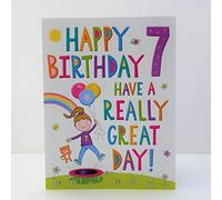 Regal Cards Biglietto di auguri per 7 anni, motivo: ragazza con gatto, multicolore, 19 x 14 cm