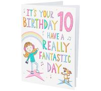 Regal Cards Biglietto di auguri per i 10 anni, con scritta in inglese It's Your Birthday, con cane che balla, grigio, rosa, blu, oro, nero