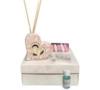 regalami.shop bomboniera cuore con piedini per battesimo bimba cm.8x8, completa di scatola, confetti, essenza, bigliettino e nastro rosa