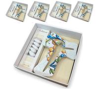 Regalami.Shop Set 4 Croci Tau in Marmo di Carrara cm 14 con fregi a Rilievo e Stampa Completo di Scatola, bigliettino e portaconfetti in Pet Trasparente. Bomboniera Made in Italy. (6, Croce)