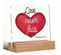 Regali cristiani per le donne Love Never Fails Cartello acrilico con supporto in legno per scrivania da ufficio mensola citazioni cristiane Bibbia Scrittura parole ispiratrici targa regalo 10 x 10 cm