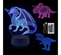 Regali di Dinosauro Lampada 3D Dinosauro 3 Modelli Lampada 3D per Bambini Luce Notturna con Lampada a Dinosauro 16 Colori Che Cambiano 4 Modalità con Telecomando e Smart Touch Regali per Bambini