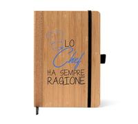Regali Pazza idea Notebook A5 copertina bambù e dorso sughero - Segnapagina e chiusura elastica - scritta lo chef ha sempre ragione - regalo uomo donna