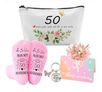 Regali per donne 50° compleanno regali per donne con calzini, borsa cosmetica, biglietto di auguri e portachiavi con incisione Happy Birthday, mia regina, regalo di compleanno per donna