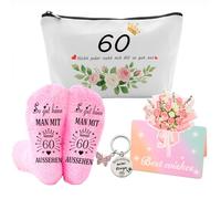 Regali per donne 60° compleanno regali per donne con calzini, borsa cosmetica, biglietto di auguri e portachiavi con incisione Happy Birthday, mia regina, regalo di compleanno per donna