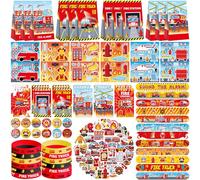 Regali per feste con auto dei pompieri: 12 sacchetti goodie, blocco note, braccialetti in gomma, adesivi, distintivi con bottoni e braccialetti slap