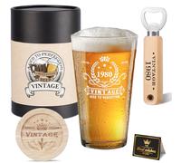 Regali per il 45° compleanno, per uomo, vintage 1980, bicchiere da birra, apribottiglie in legno, scatola regalo vintage, sottobicchieri in legno e biglietto di auguri, regalo per 45° compleanno per
