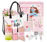 Regali per infermiere per donne, cesto regalo di ringraziamento per praticante RN Nruse per Natale, compleanno | Oggetto di apprezzamento sfuso con borsa tote in tela, quaderno, bottiglia di vetro da